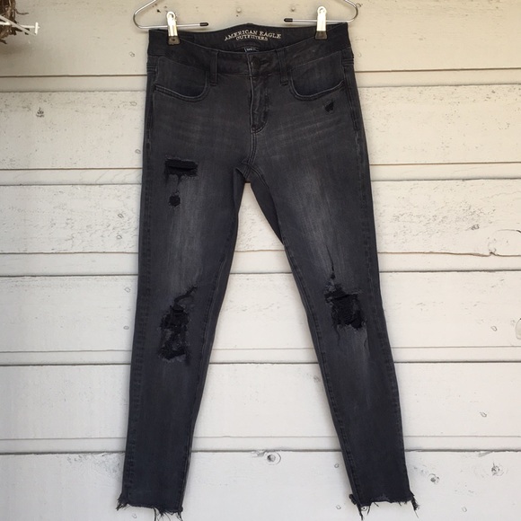 AE DISTRESSED BLACK WASHED OUT JEANS SUPER STRETCH X4 RAW HEM - Picture 2 of 14